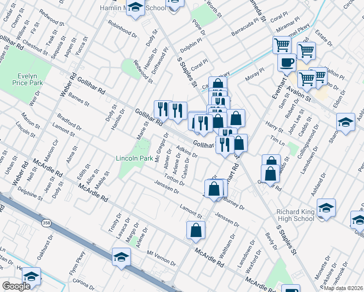 map of restaurants, bars, coffee shops, grocery stores, and more near 4542 Adkins Drive in Corpus Christi