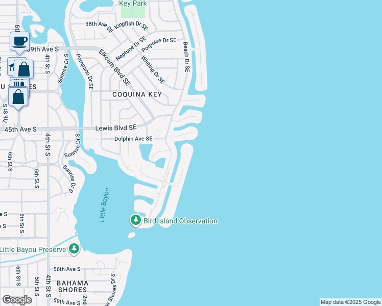 map of restaurants, bars, coffee shops, grocery stores, and more near 4720 Coquina Key Drive Southeast in St. Petersburg
