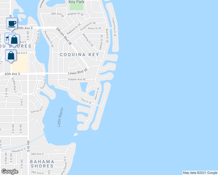map of restaurants, bars, coffee shops, grocery stores, and more near 4730 Coquina Key Drive Southeast in St. Petersburg