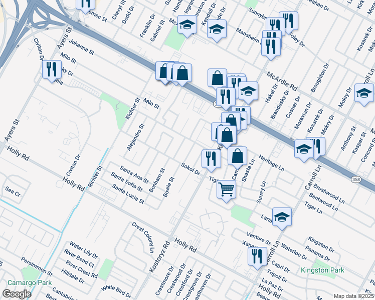 map of restaurants, bars, coffee shops, grocery stores, and more near 5317 Bowie Street in Corpus Christi