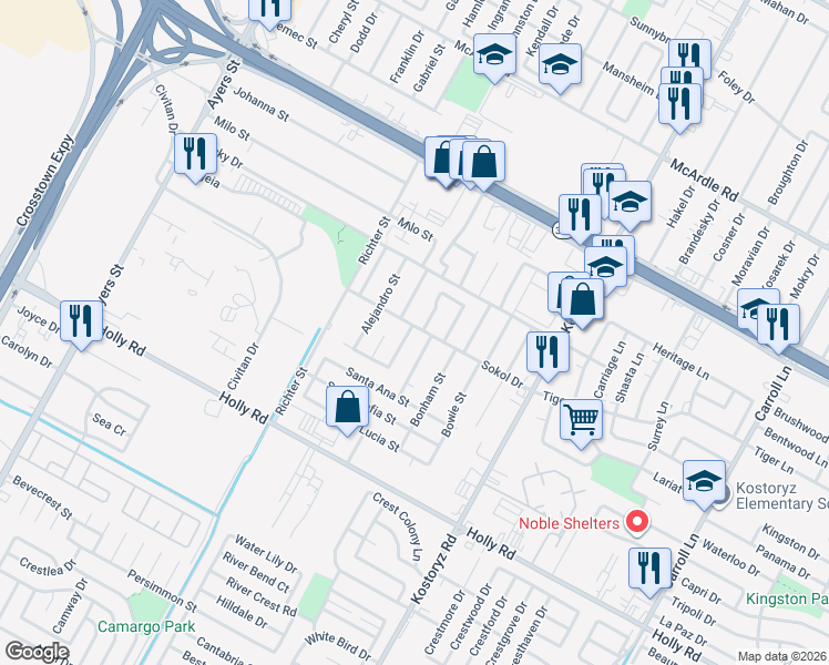 map of restaurants, bars, coffee shops, grocery stores, and more near 5402 Rogerio Street in Corpus Christi