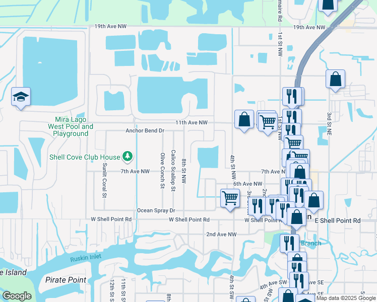map of restaurants, bars, coffee shops, grocery stores, and more near 722 Parker Den Drive in Ruskin
