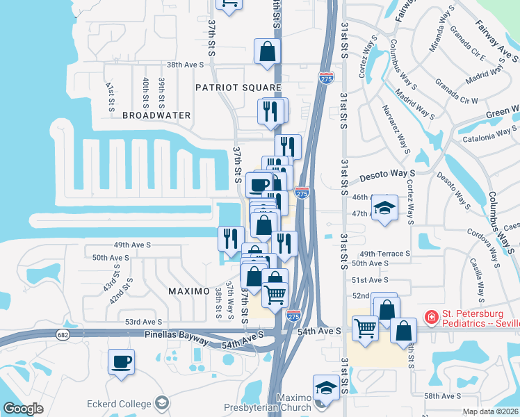 map of restaurants, bars, coffee shops, grocery stores, and more near 4601 34th Street South in St. Petersburg