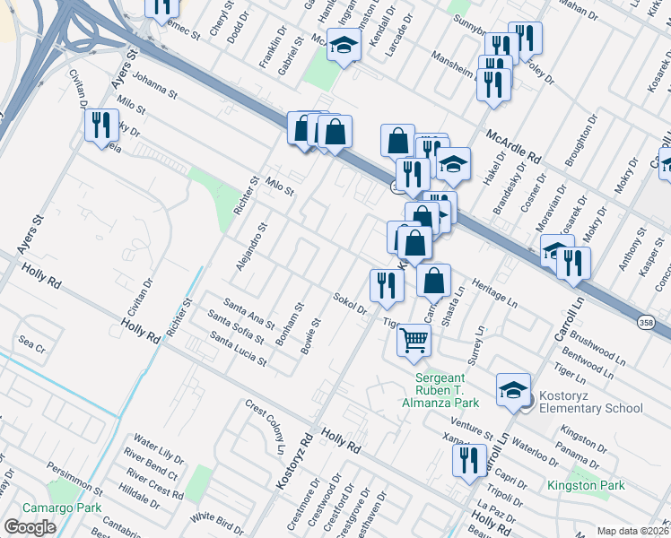 map of restaurants, bars, coffee shops, grocery stores, and more near 5317 Bowie Street in Corpus Christi