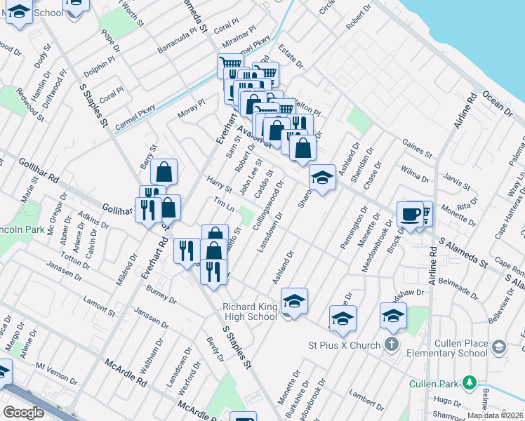 map of restaurants, bars, coffee shops, grocery stores, and more near 702 Collingswood Drive in Corpus Christi
