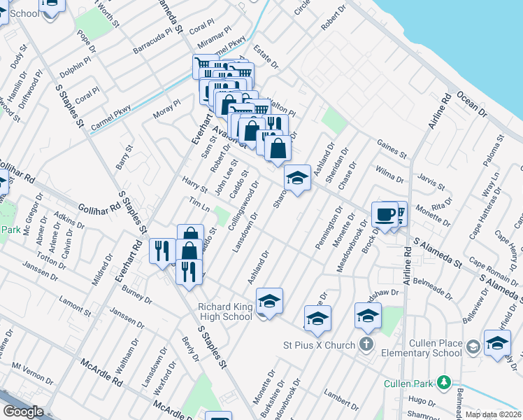 map of restaurants, bars, coffee shops, grocery stores, and more near 637 Lansdown Drive in Corpus Christi