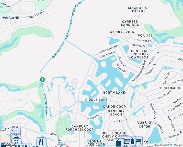 map of restaurants, bars, coffee shops, grocery stores, and more near 1405 Seton Hall Drive in Sun City Center