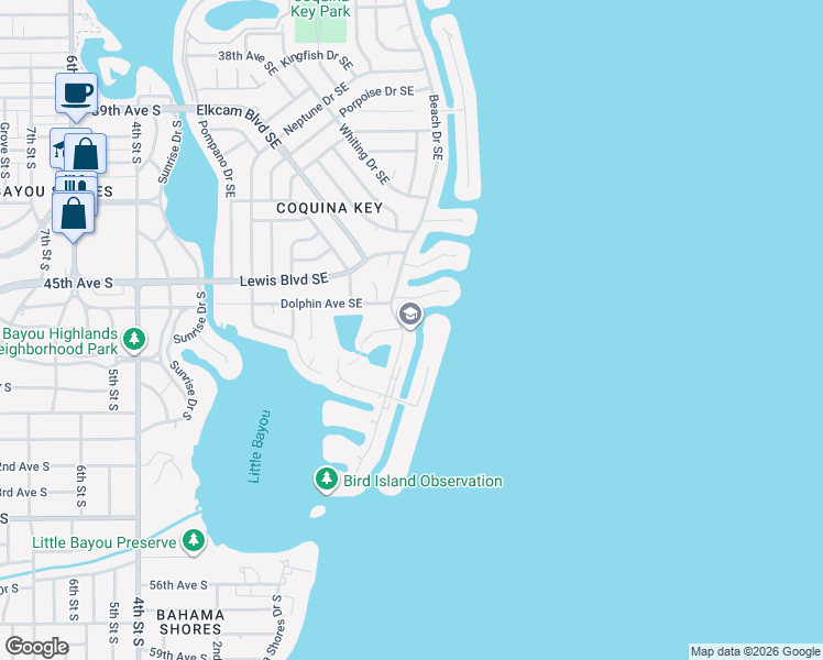 map of restaurants, bars, coffee shops, grocery stores, and more near 4740 Beach Drive Southeast in St. Petersburg