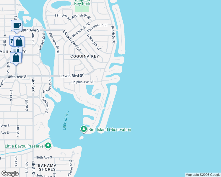 map of restaurants, bars, coffee shops, grocery stores, and more near 4715 Coquina Key Drive Southeast in St. Petersburg