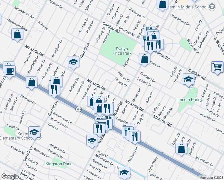map of restaurants, bars, coffee shops, grocery stores, and more near 4829 Jo Ann Street in Corpus Christi