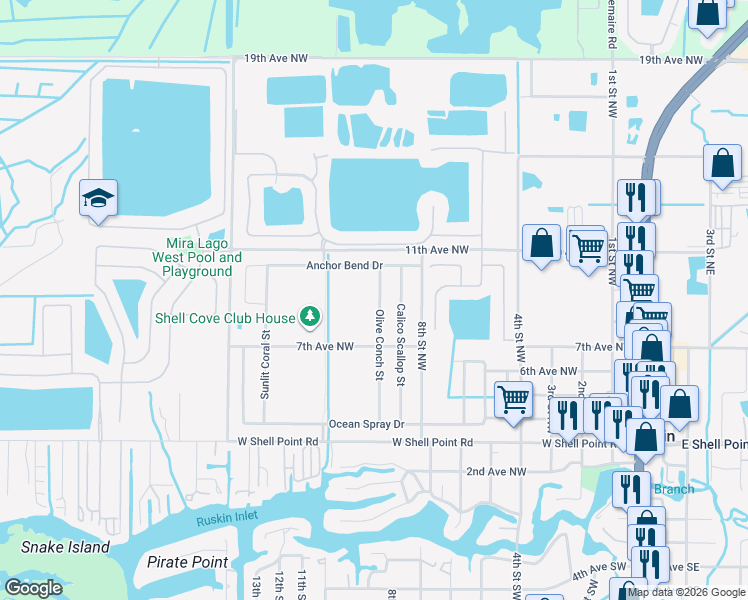 map of restaurants, bars, coffee shops, grocery stores, and more near 787 Olive Conch Street in Ruskin