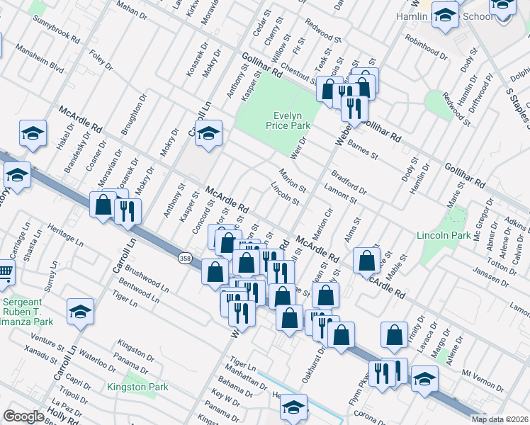 map of restaurants, bars, coffee shops, grocery stores, and more near 4829 Jo Ann Street in Corpus Christi