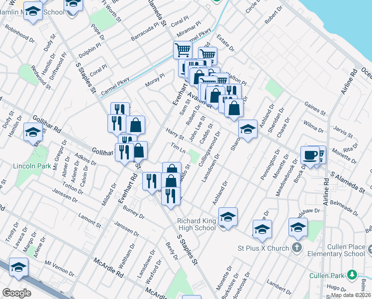 map of restaurants, bars, coffee shops, grocery stores, and more near 4318 Tim Lane in Corpus Christi