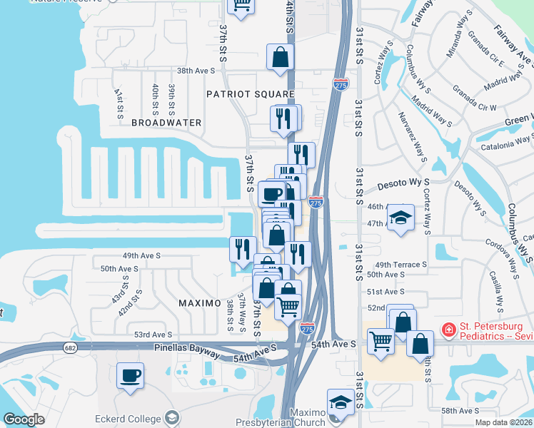 map of restaurants, bars, coffee shops, grocery stores, and more near 3680 46th Avenue South in St. Petersburg