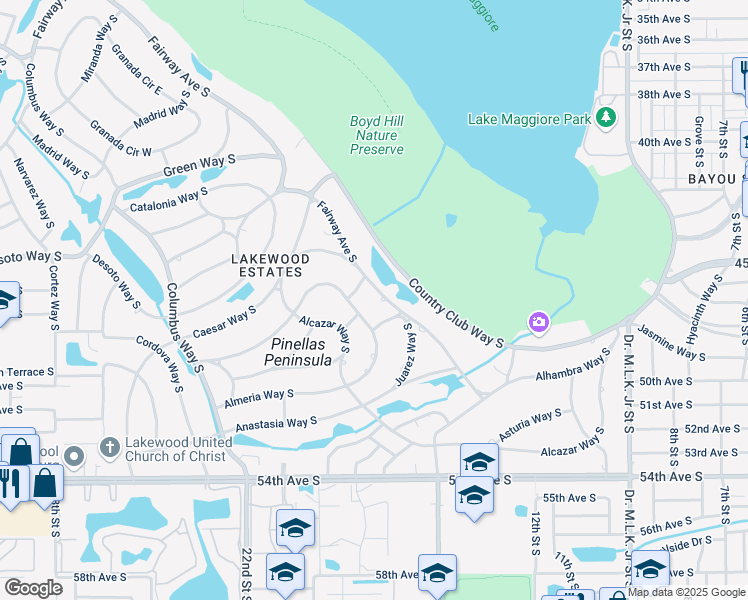 map of restaurants, bars, coffee shops, grocery stores, and more near 1736 Fairway Avenue South in Saint Petersburg