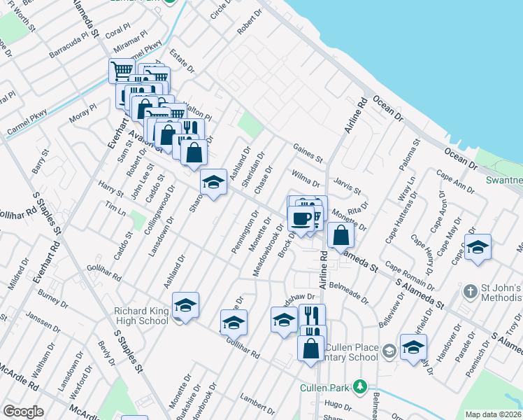 map of restaurants, bars, coffee shops, grocery stores, and more near 4580 South Alameda Street in Corpus Christi