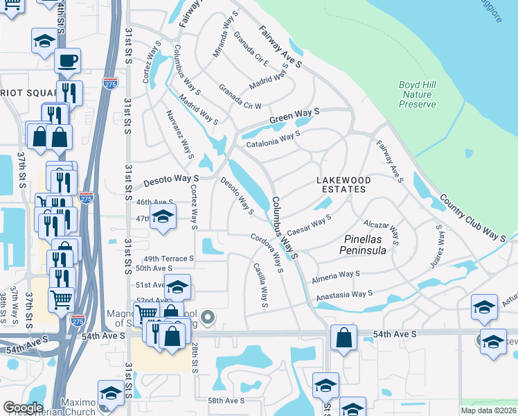 map of restaurants, bars, coffee shops, grocery stores, and more near 4627 Columbus Way South in St. Petersburg