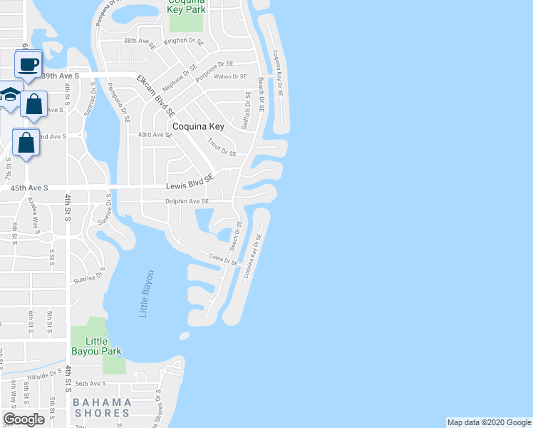 map of restaurants, bars, coffee shops, grocery stores, and more near 4730 Coquina Key Drive Southeast in St. Petersburg