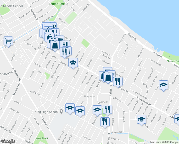map of restaurants, bars, coffee shops, grocery stores, and more near 4580 South Alameda Street in Corpus Christi