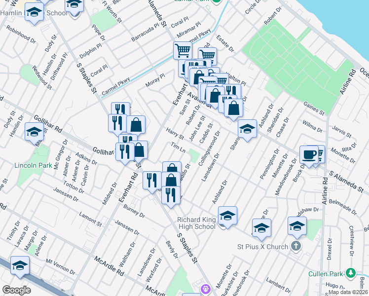 map of restaurants, bars, coffee shops, grocery stores, and more near 4318 Tim Lane in Corpus Christi