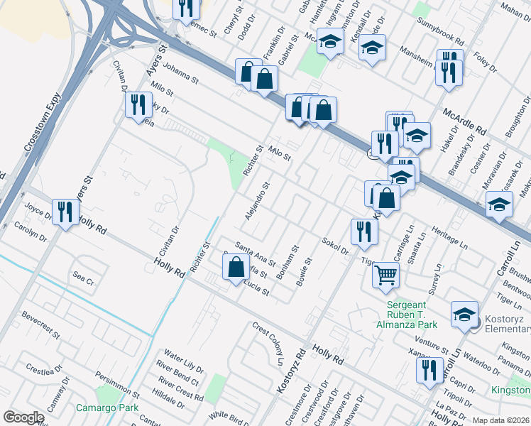 map of restaurants, bars, coffee shops, grocery stores, and more near 5414 Alejandro Street in Corpus Christi