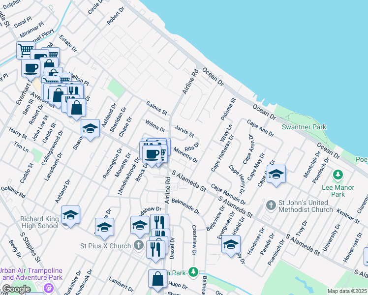 map of restaurants, bars, coffee shops, grocery stores, and more near 434 Rita Drive in Corpus Christi