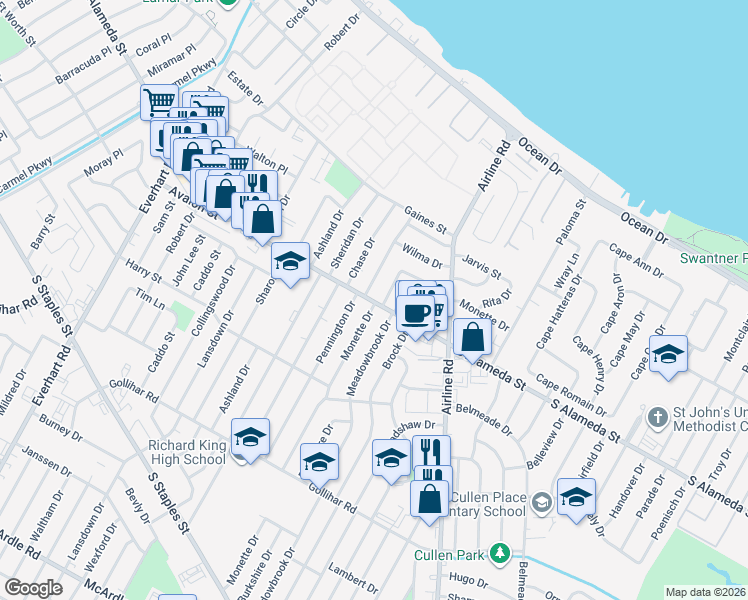 map of restaurants, bars, coffee shops, grocery stores, and more near 4580 South Alameda Street in Corpus Christi