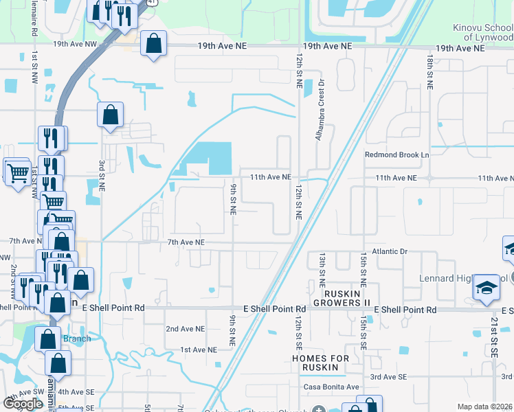 map of restaurants, bars, coffee shops, grocery stores, and more near 813 Brenton Leaf Drive in Ruskin