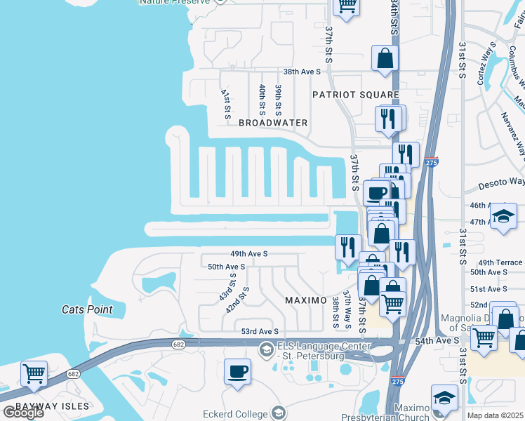 map of restaurants, bars, coffee shops, grocery stores, and more near 4000 46th Avenue South in St. Petersburg