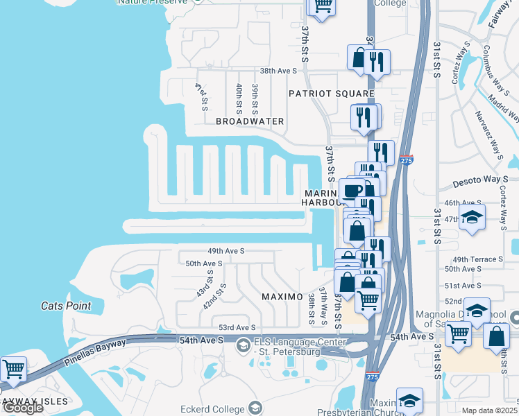 map of restaurants, bars, coffee shops, grocery stores, and more near 3896 46th Avenue South in Saint Petersburg