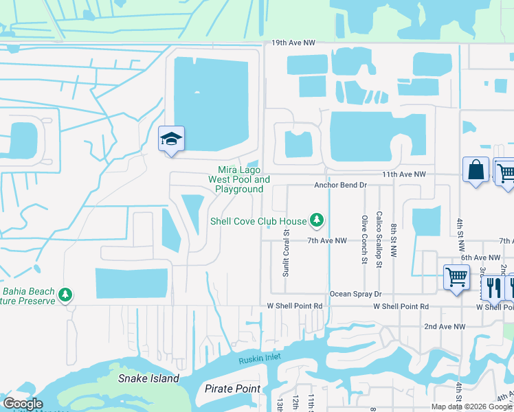 map of restaurants, bars, coffee shops, grocery stores, and more near 1527 Bonita Bluff Court in Ruskin