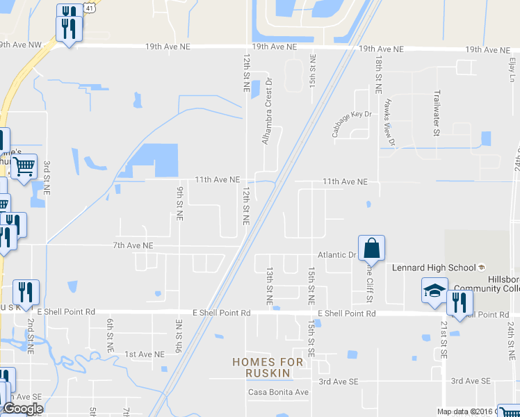 map of restaurants, bars, coffee shops, grocery stores, and more near 1003 Chandler Snowden Court in Ruskin