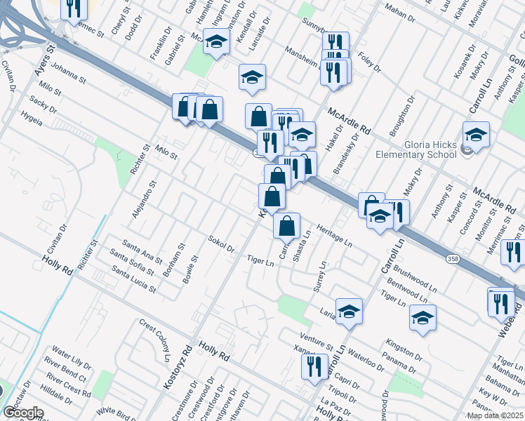 map of restaurants, bars, coffee shops, grocery stores, and more near 3102 Ray Ellison Drive in Corpus Christi