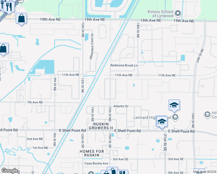 map of restaurants, bars, coffee shops, grocery stores, and more near 904 15th Street Northeast in Ruskin