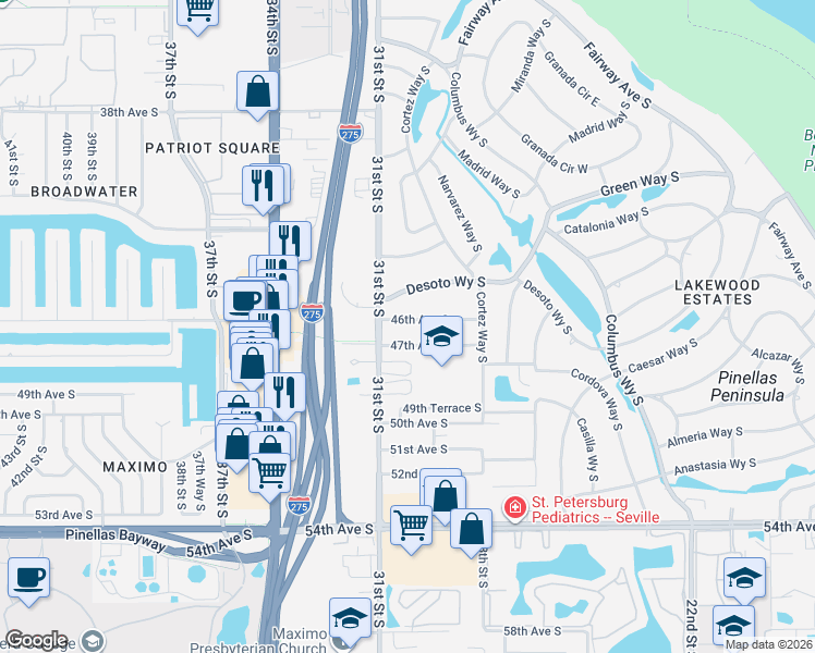 map of restaurants, bars, coffee shops, grocery stores, and more near 3001 47th Avenue South in St. Petersburg
