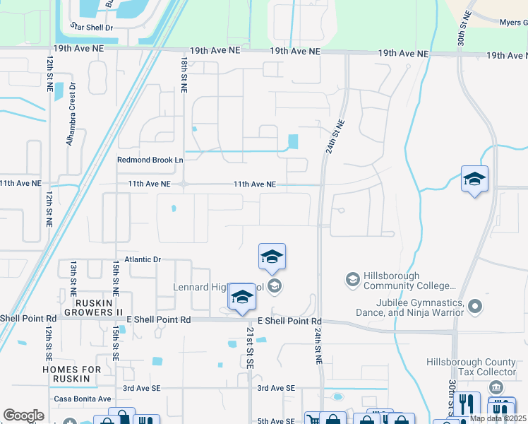 map of restaurants, bars, coffee shops, grocery stores, and more near 927 Kelly Fern Loop in Ruskin