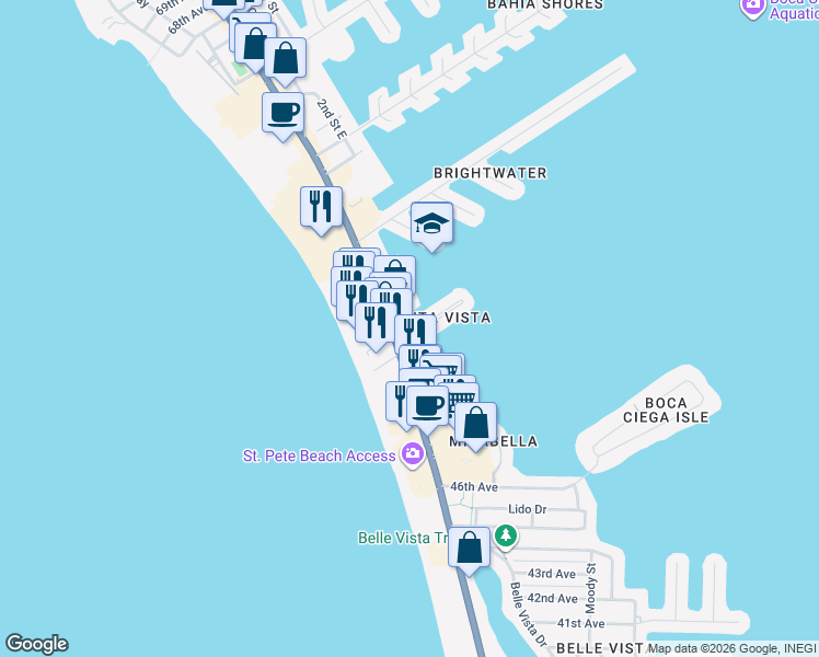 map of restaurants, bars, coffee shops, grocery stores, and more near 100 Punta Vista Drive in St. Pete Beach