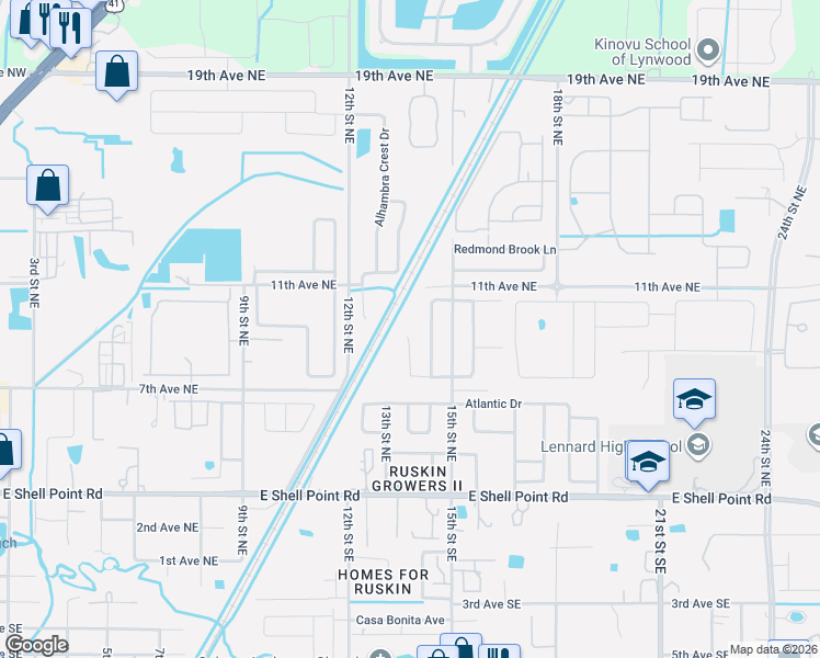 map of restaurants, bars, coffee shops, grocery stores, and more near 702 Cristelle Jean Drive in Ruskin