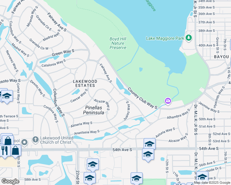 map of restaurants, bars, coffee shops, grocery stores, and more near 1744 Fairway Avenue South in Saint Petersburg