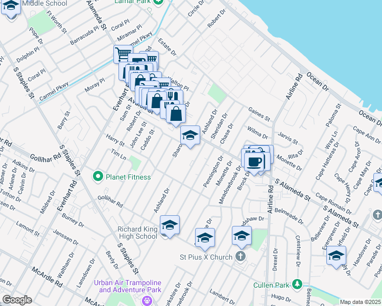 map of restaurants, bars, coffee shops, grocery stores, and more near 4525 South Alameda Street in Corpus Christi