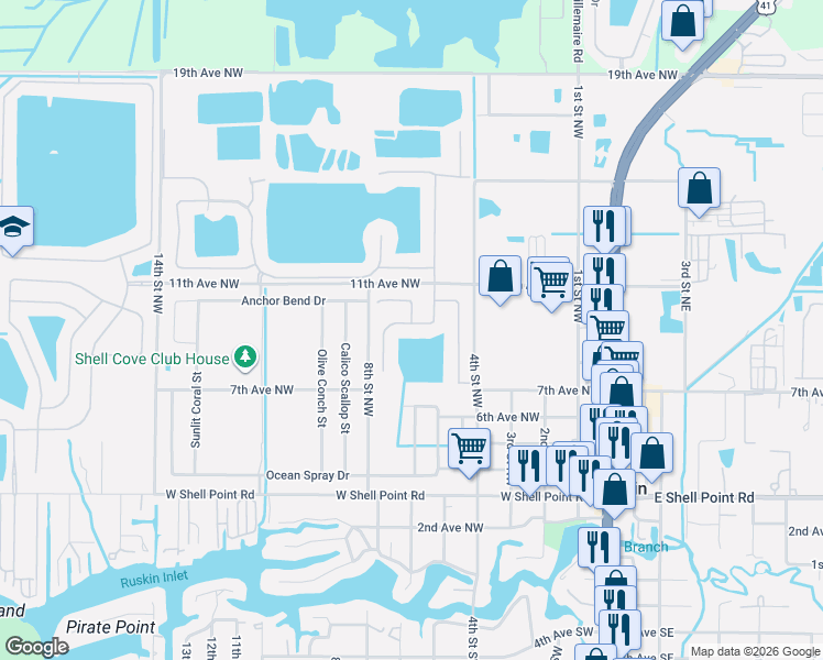 map of restaurants, bars, coffee shops, grocery stores, and more near 903 Parker Den Drive in Ruskin