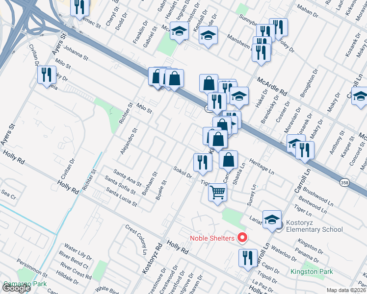 map of restaurants, bars, coffee shops, grocery stores, and more near 5317 Bowie Street in Corpus Christi