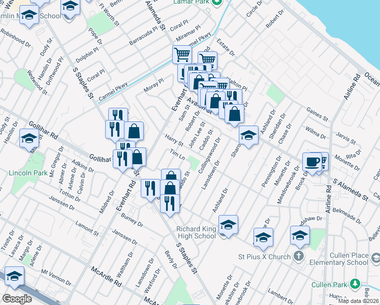 map of restaurants, bars, coffee shops, grocery stores, and more near 4318 Tim Lane in Corpus Christi