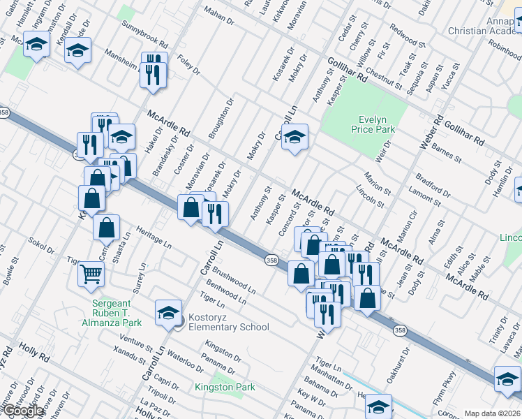 map of restaurants, bars, coffee shops, grocery stores, and more near 5014 Anthony Street in Corpus Christi