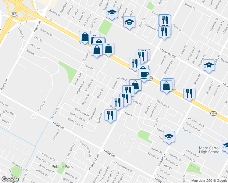 map of restaurants, bars, coffee shops, grocery stores, and more near 5317 Bowie Street in Corpus Christi
