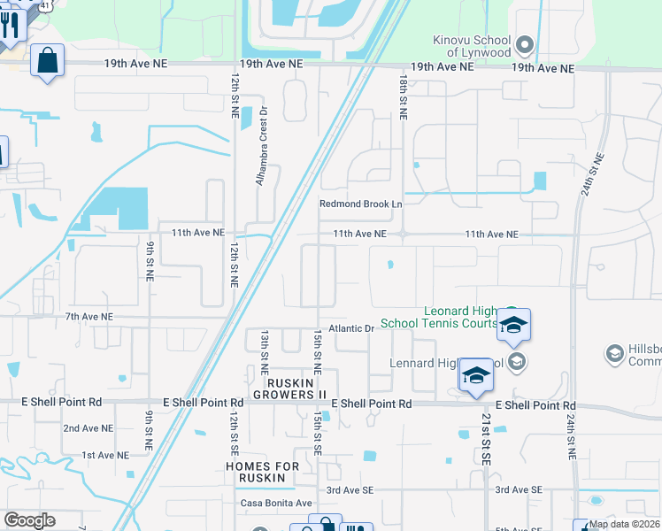 map of restaurants, bars, coffee shops, grocery stores, and more near 1012 Cristelle Jean Drive in Ruskin
