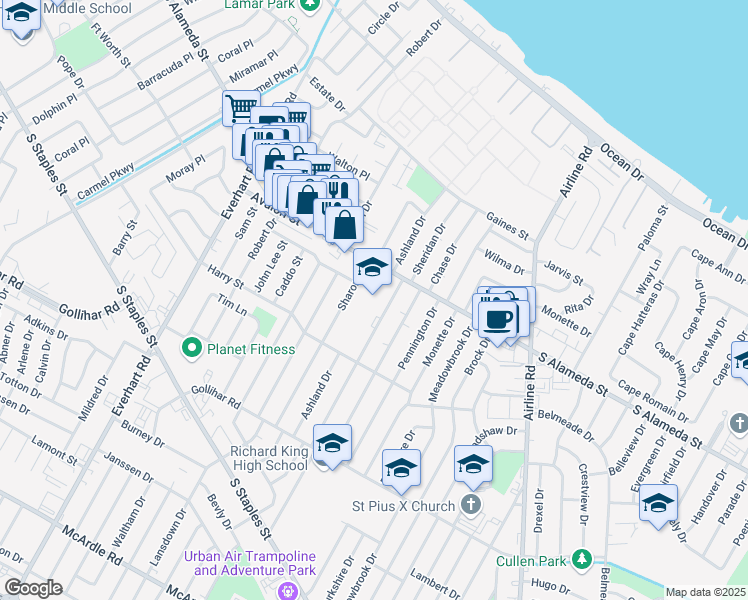 map of restaurants, bars, coffee shops, grocery stores, and more near 4525 South Alameda Street in Corpus Christi