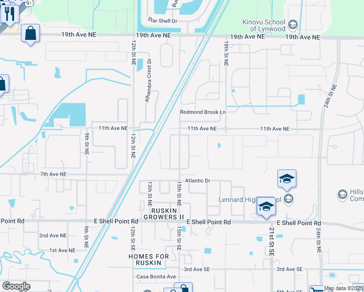 map of restaurants, bars, coffee shops, grocery stores, and more near 907 15th Street Northeast in Ruskin
