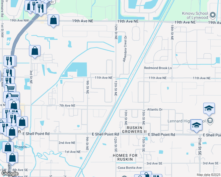 map of restaurants, bars, coffee shops, grocery stores, and more near 1034 Brenton Leaf Drive in Ruskin