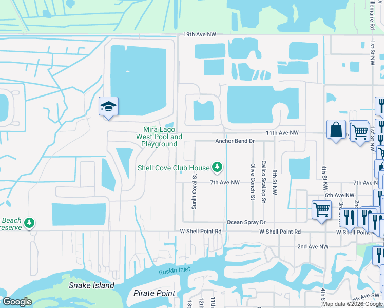 map of restaurants, bars, coffee shops, grocery stores, and more near 874 Sunlit Coral Street in Ruskin